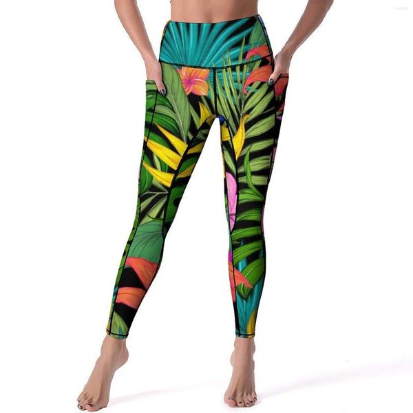 Leggings para mujer, pantalones de Yoga de entrenamiento Tropical hawaiano con plantas coloridas, mallas divertidas Push Up, mallas deportivas con patrón de secado rápido, regalo