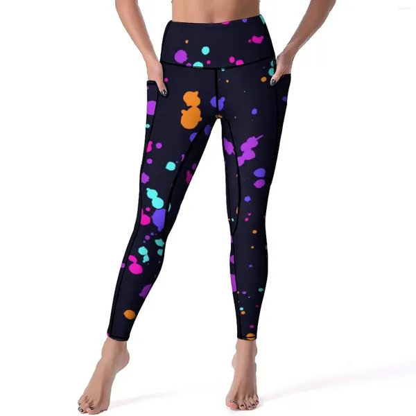 Leggings de mujer con estampado colorido de salpicaduras, pantalones de Yoga de cintura alta, mallas elásticas bonitas, mallas deportivas de entrenamiento personalizadas