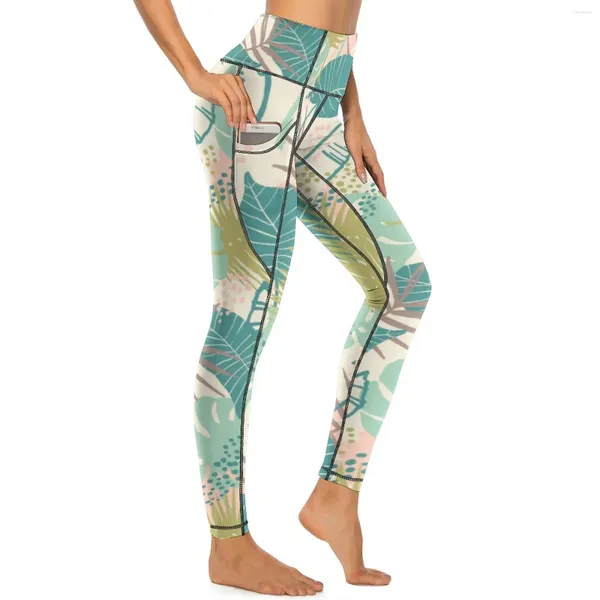 Leggings para mujer, pantalones de yoga para gimnasio con estampado de hojas abstractas tropicales coloridas, mallas Kawaii de cintura alta para mujer, medias deportivas con gráficos elásticos sexys