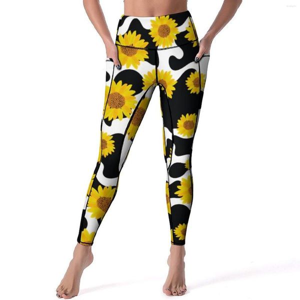 Leggings pour femmes imprimé vache sexy Y2K mignon tournesol fitness pantalons de yoga taille haute collants de sport extensibles poches élégantes personnalisées Leggins
