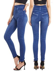 Leggings pour femmes CUHAKCI Stretch Zipper Imprimer Faux Jeans Femmes Pantalons Casual Taille Haute Denim Doux Plus Taille Trouses Drop