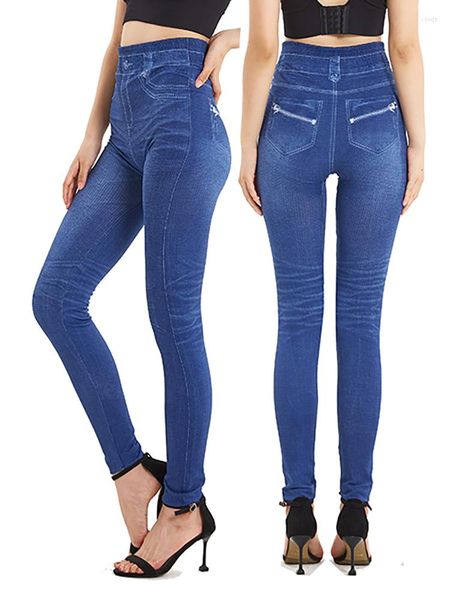 Leggings para mujer CUHAKCI, pantalones vaqueros falsos con estampado de cremallera elástica, pantalones informales de cintura alta, pantalones vaqueros suaves de talla grande para mujer