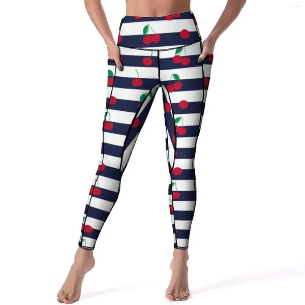 Leggings para mujer, pantalones de Yoga con cerezas bonitas, estampado a rayas negras, mallas deportivas Vintage sexis de cintura alta, mallas elásticas para entrenamiento y gimnasio