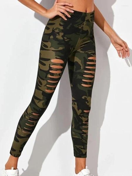 Leggings femme découpe déchiré Style Graffiti imprimé Camouflage été Slim Stretch pantalon armée vert Leggins pantalon Sexy