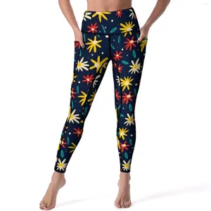 Leggings pour femmes Daisy Floral Sexy Fleurs colorées Fitness Pantalon de yoga Push Up Stretch Collants de sport Poches Design rétro Leggins