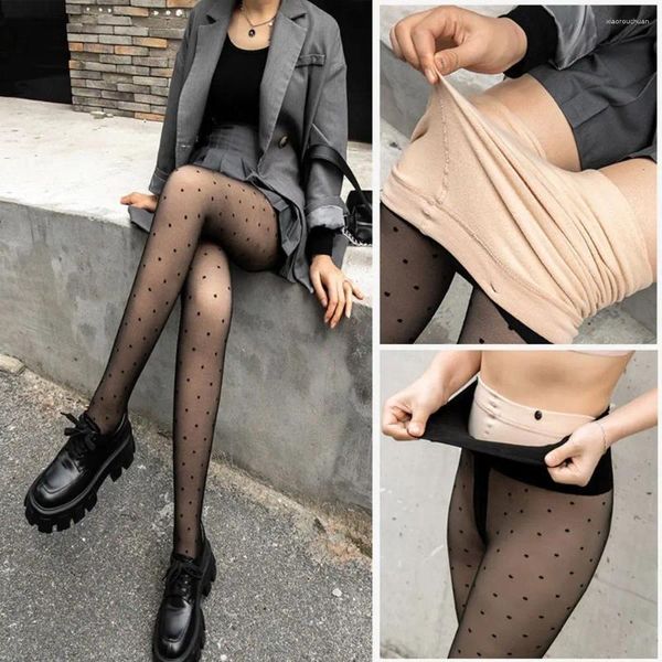 Leggings pour femmes, collants à Double couche à points, durables, noirs, Slim, taille haute, en Nylon, pantalons moulants, chaussettes à jambes nues, pour filles