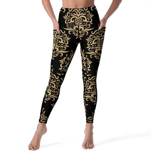 Leggings pour femmes Dressy Damask Sexy Noir et Or Push Up Pantalon de yoga Mignon Leggins à séchage rapide Femmes Graphique Entraînement Sport Legging