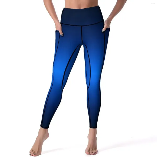 Leggings de mujer, pantalones de Yoga azul eléctrico, mallas de entrenamiento de cintura alta personalizadas con gradiente de brillo minimalista Sexy para mujer