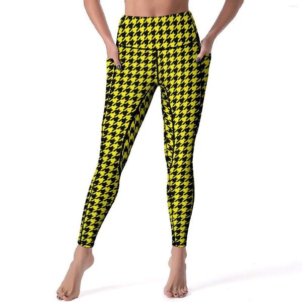 Mallas de mujer elegantes pantalones de Yoga de pata de gallo bolsillos negro y amarillo de cintura alta mallas deportivas estéticas mallas de entrenamiento elásticas