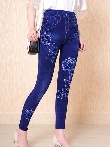 Leggings pour femmes femmes élégantes Joggings taille haute dames extensible imprimé fleuri bleu faux jean vêtements décontractés crayon pantalon