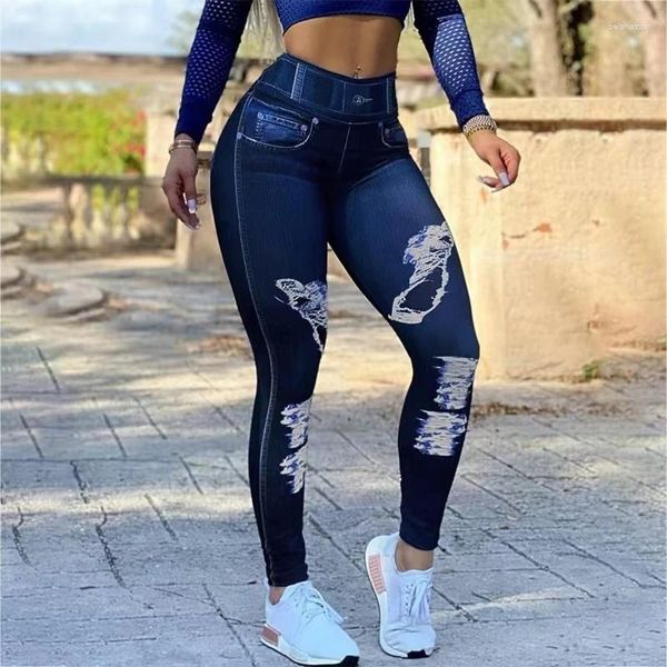 Leggings pour femmes en Europe et aux États-Unis, taille haute, imitation denim extensible, grande taille, fitness, sport