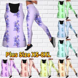 Damen-Leggings, modisches 3D-Rosenblumen-Druck-Tanktop und Strumpfhosen, Sommer, ärmellos, schmale Passform, Yoga-Set, XS-8XL