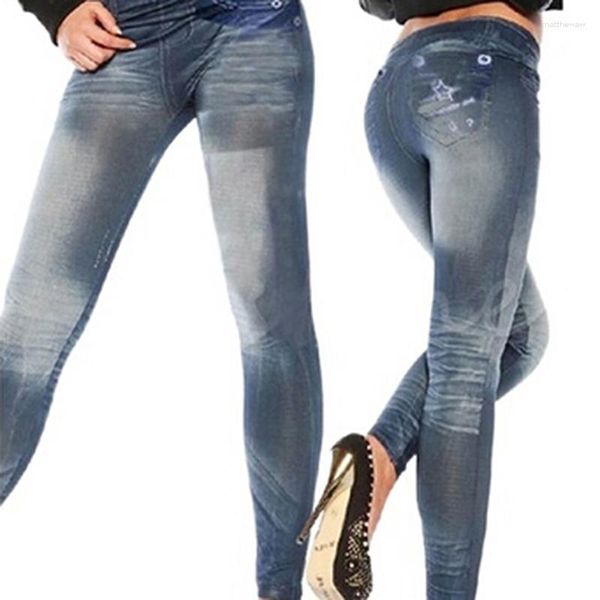 Leggings femme mode mince mince neuf femmes Imitation jean Leggins taille unique automne pantalon décontracté haute Polyester solide