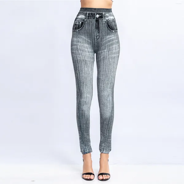 Leggings pour femmes Faux Denim Imprimer pour femmes Jeans élastiques Collants à rayures thermiques Pantalon de course Pantalon de yoga Hip Lift
