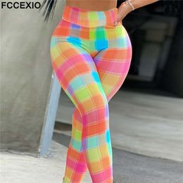 Mallas de mujer FCCEXIO Color Grid Impresión 3D Pantalones de mujer Push Up Running Tights Pantalones casuales de mujer Fitness Tights 230520