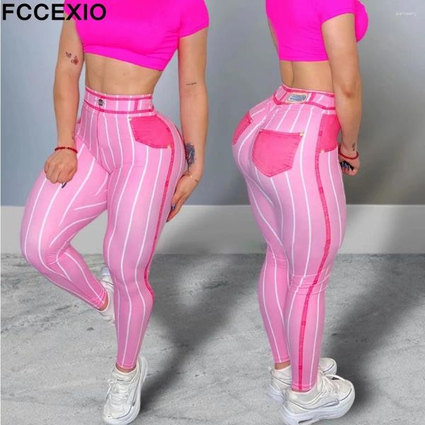 Leggings Femmes FCCEXIO Mode Denim Stripe Imprimer Femmes Sports Taille haute Courir Sexy Serré Fitness Entraînement Yoga Gym Push Up Cowboy P