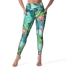 Leggings pour femmes Flamingo Flower Print Bright Green Leaf Pantalon de yoga d'entraînement Push Up Casual Leggins Design à séchage rapide Collants de sport