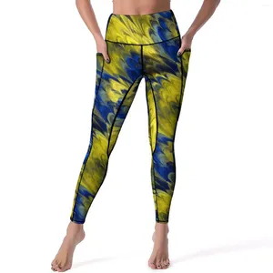 Dames Legging Fractal Marmer Sexy Geel Blauw Workout Yoga broek Hoge taille Stretch Sport Panty Zakken Modieus Grafisch Leggins