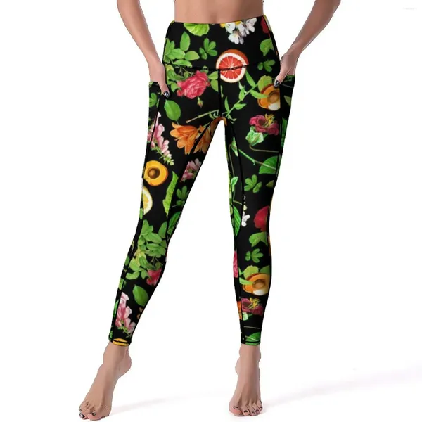 Leggings pour femmes Fruits et feuilles Citron Orange Entraînement végétarien Pantalon de yoga Push Up Leggins Stretch Graphic Collants de sport Grande taille