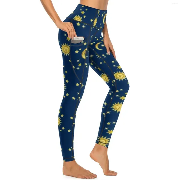 Leggings para mujer Glod Moon Sexy Sun and Stars Print Push Up Pantalones de yoga Novedad Stretch Leggins con bolsillos Entrenamiento personalizado Medias deportivas