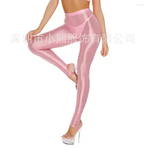 Leggings voor dames glanzende plus maat zie door satijnen hoge taille stap te voet sport yogabroek vrouwen strakke naadloze panty's