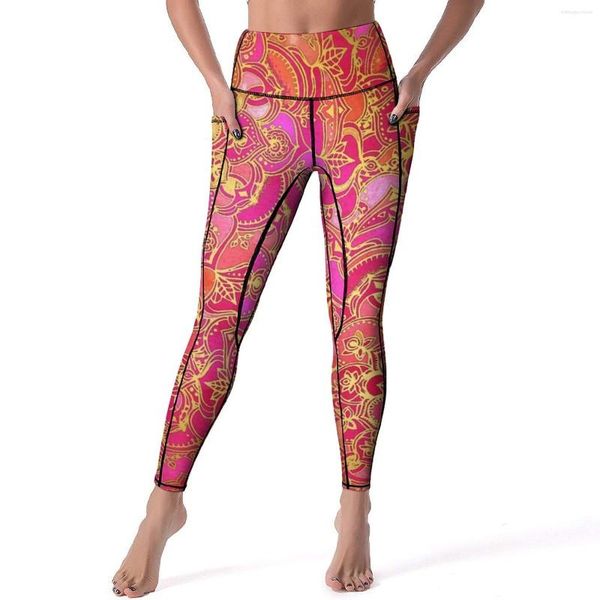 Leggings pour femmes Or Baroque Floral Sexy Mandala Art Print Work Out Pantalons de yoga Push Up Stretch Collants de sport Fashion Graphic Leggins