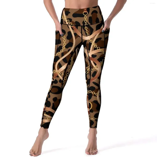 Leggings pour femmes Chaîne en or et ceintures Léopard Cheetah Gym Pantalon de yoga Taille haute Leggins élégants Stretch Graphic Sports Collants Présent