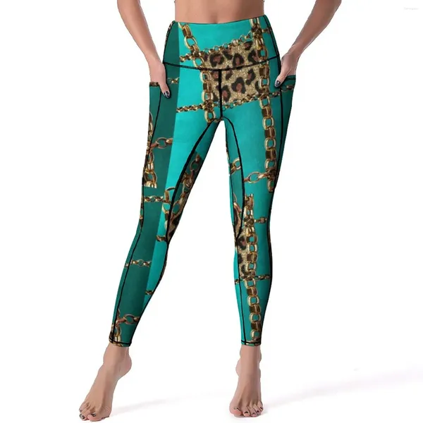 Leggings pour femmes Gold Chain Print Yoga Pantalon Animal Leopard Design Push Up Fitness Running Leggins Femmes Vintage Stretch Sports Collants