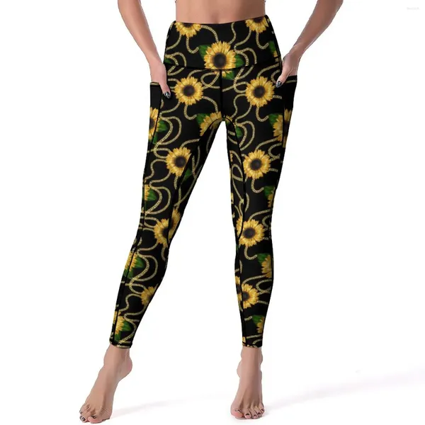 Leggings de leggings en or Sunflower sexy chicsy jaune tournesols fitness gym yoga pantalon push up stretchy sport legging with