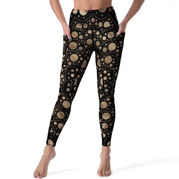 Leggings pour femmes Gold Dot Art Sexy OM Symbole Gym Pantalon de yoga Taille haute Collants de sport extensibles avec poches Vintage Graphic Leggins