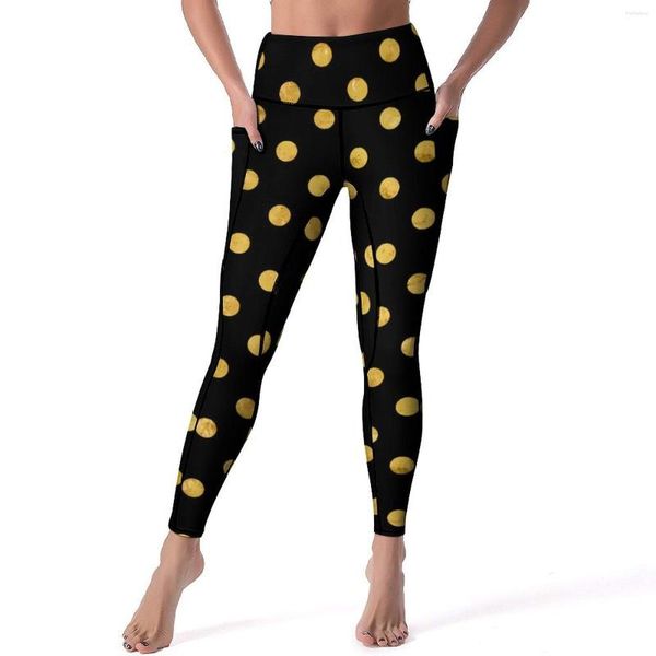 Leggings pour femmes Pantalons de yoga à pois dorés Poches à pois Imprimer Sexy Push Up Collants de sport à séchage rapide Graphique Fitness Leggins