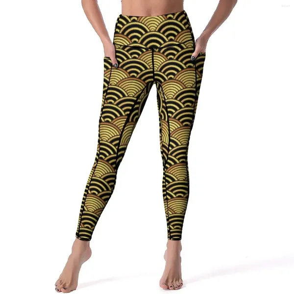 Leggings pour femmes Pantalon de yoga Seigaiha doré avec poches imprimé vague japonaise sexy taille haute décontractée sport legging élastique imprimé