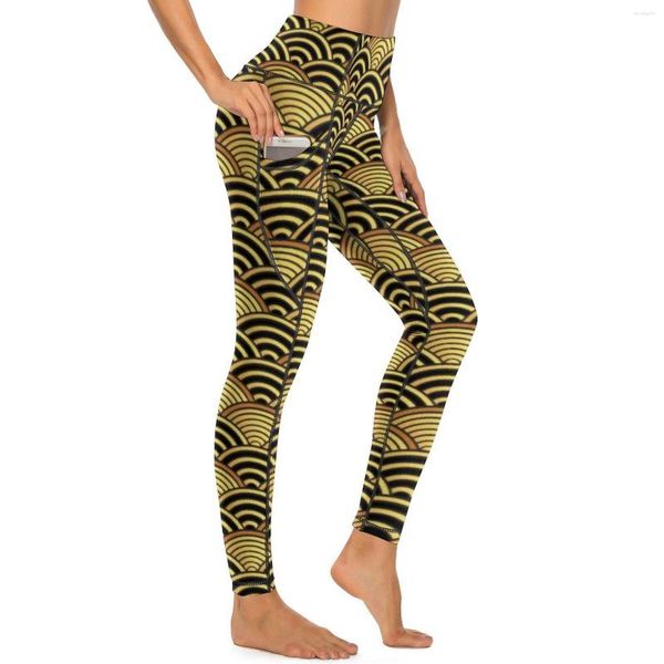 Leggings pour femmes Gold Seigaiha Yoga Pantalon Sexy Japonais Wave Print Design Taille Haute Fitness Leggins Femmes Doux Stretchy Sports Collants