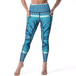 Leggings de mujer Greek Eye Tree Yoga Pants Evil Eyes Mati Mataki en Sky Blue Fashion Fashion Sports Diseño elástico Running Leggins