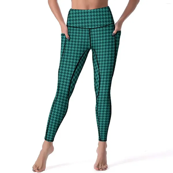 Leggings para mujer Pantalones de yoga de pata de gallo verde y negro Patrón pequeño sexy Diseño de moda Leggins de entrenamiento de cintura alta Estiramiento de moda femenina