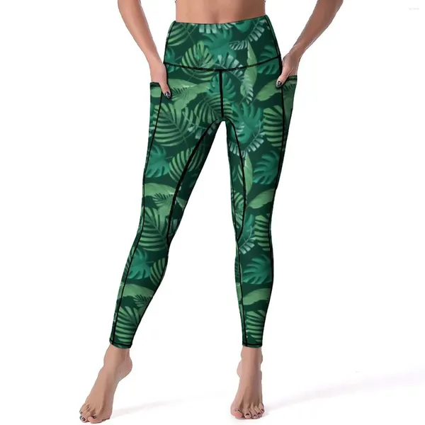 Leggings pour femmes Feuilles de palmier vertes Sexy Feuille tropicale Imprimer Pantalon de yoga de gymnastique Taille haute Collants de sport à séchage rapide avec poches Nouveauté