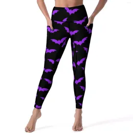 Leggings pour femmes Halloween Bats Pantalon de yoga Sexy Noir et violet imprimé taille haute Leggins de course Femme Kawaii Élastique