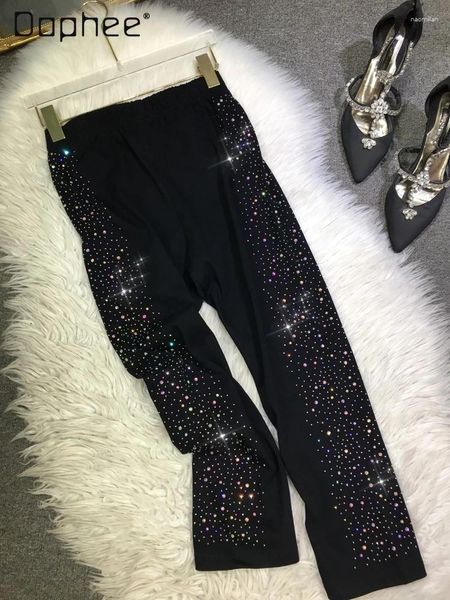 Leggings pour femmes industrie lourde strass des femmes pantalons serrés élastiques noirs brillants 2024 Été femelle