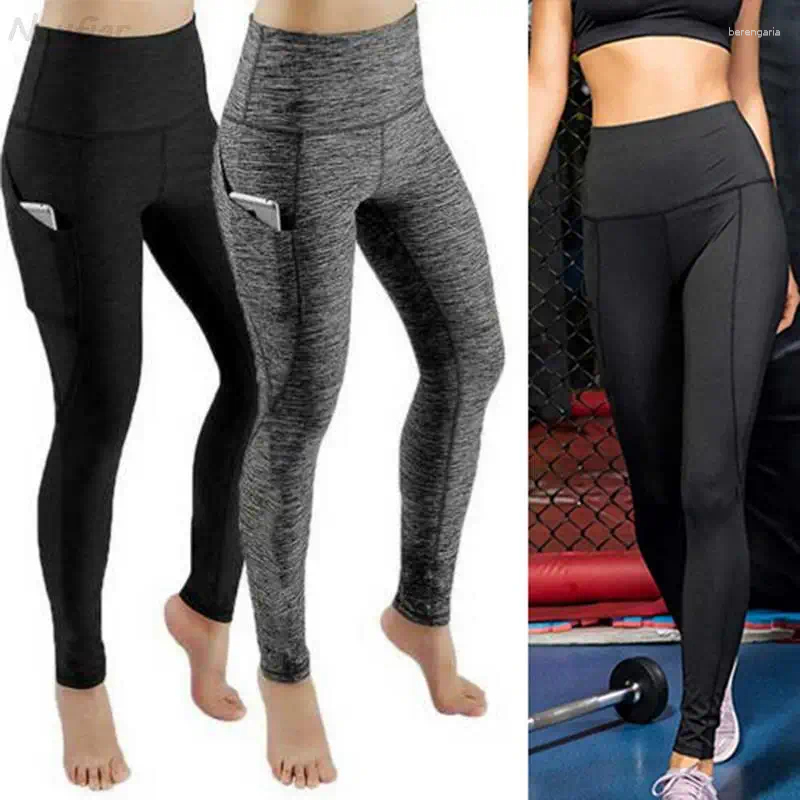 Leggings da donna ad allenamento elastico ad alta vita Donne Yoga Tummy Control bottino arruffato con pantaloni tascabili senza saldatura