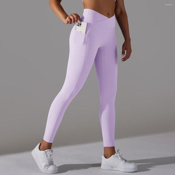 Leggings para mujer, cintura alta, sensación desnuda, deporte, Fitness, correr, pantalones de Yoga con bolsillo, gimnasio, elasticidad, energía