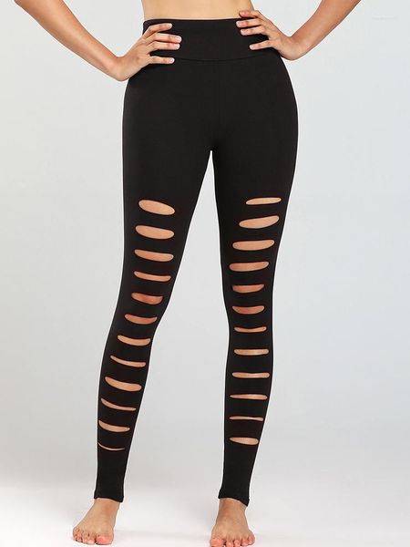 Leggings pour femmes taille haute sport gym sexy femmes trou déchiré solide noir pantalons de yoga collants d'entraînement fitness activewear pantalons de course