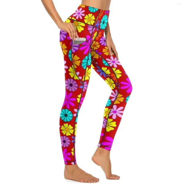 Leggings de mujer Flores hippie Sexy Vintage Impresión Pantalones de gimnasio Gimnasio Tallas deportivas altas de la cintura con bolsillos Gráfico novedoso