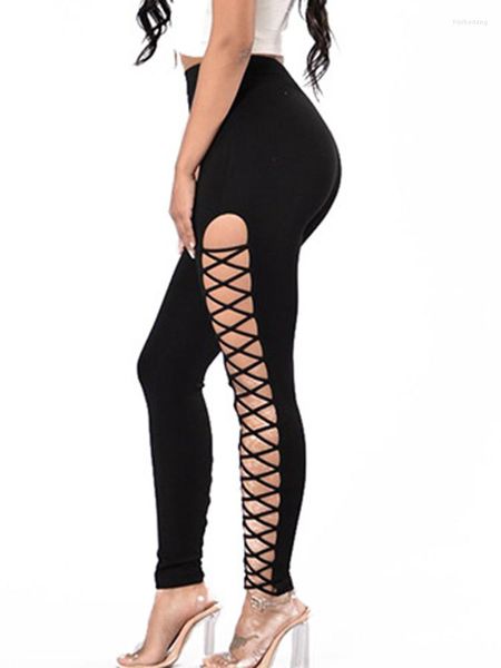 Leggings pour femmes évider pantalons de Yoga pansement latéral femmes Sexy croix taille haute Streetwear Leggins Club noir jegging élastique Mujer