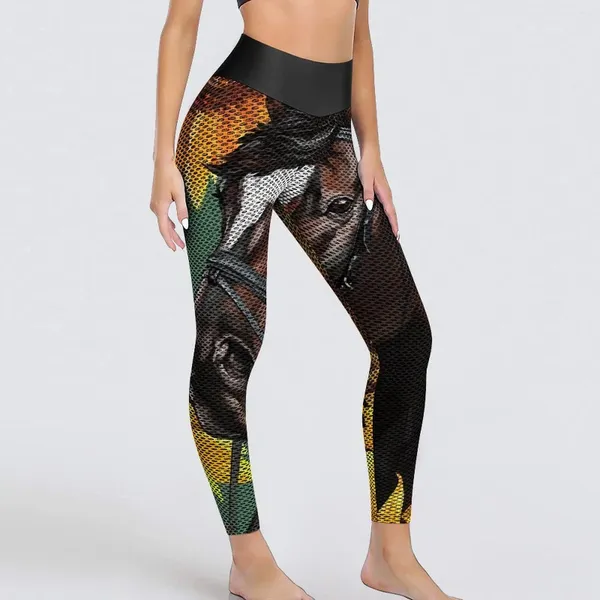 Leggings pour femmes Pantalons de yoga floraux de cheval Femmes Tournesol Imprimer Sexy Push Up Collants de sport esthétique Stretch Imprimé Gym Leggins