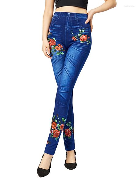 Leggings de mujer INDJXND parte delantera trasera estampado Floral Faux Jeans mujeres Jeggings elásticos de talla grande falso Denim Slim Fit lápiz pantalones