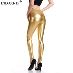 Leggings voor dames Indjxnd Style Punk Rock Pu Leather lederen leggings vrouwen broek paarse metallic goud glanzende sexy glanzende legging fitness 230224