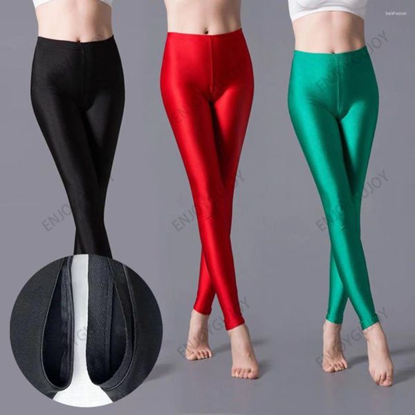 Leggings pour femmes invisibles ouverts entrejambe en plein air glace de couleur solide pantalon fluorescent glossy 9 divide fitness yoga