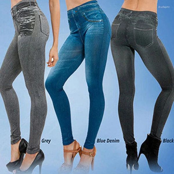 Leggings pour femmes Dames Mode Faux Denim Jeans Sexy Longue Poche Leggins Été Casual Crayon Pantalon