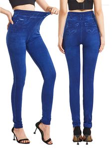 Leggings femme LJCUIYAO couleurs pures jegging bleu taille haute faux jean doux extensible sport Yoga en plein air grande taille femmes pantalon