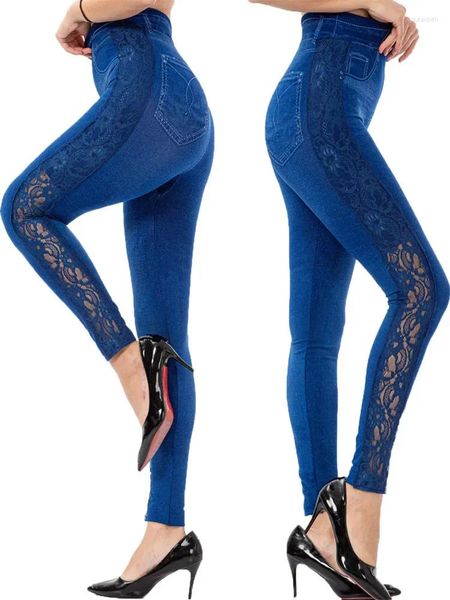 Leggings Femmes LJCUIYAO Push Up Sans Couture Taille Haute Femmes Entraînement Mesh Respirant Fitness Vêtements Creux Faux Denim Jean Pantalon